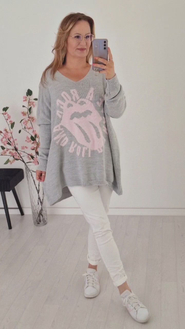 Oversize Strick Pullover Rock & Roll Grau